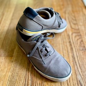 Sperry Striper II Grey Canvas Sneakers with Yellow Striped Soles